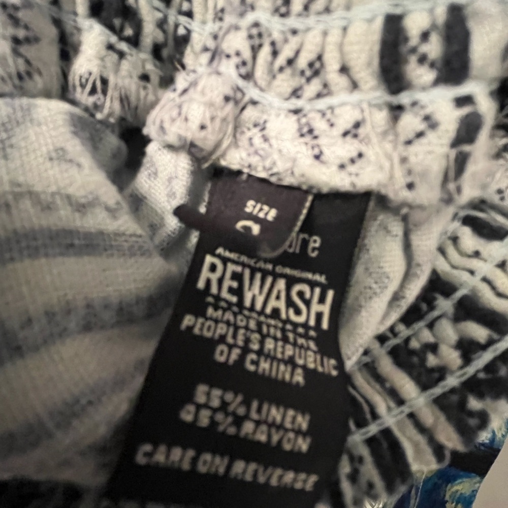 Rewash Blue and White Geometric Patterned Women's Wide Leg Linen Blend Pants - Picture 8 of 8